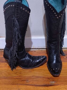 Black Fringe Studded Western Heeled Boots